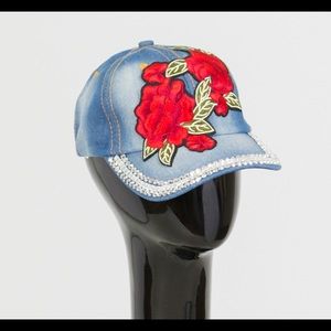 Rose Embroidered Rhinestone Embellished Cap